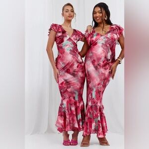 Boohoo Marble Satin Ruffle Sleeve Maxi Dress